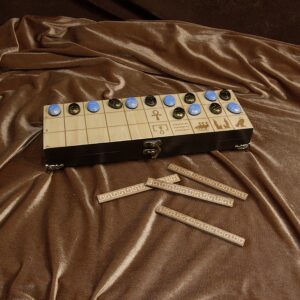 senet board game with lacquer black and egyptian blue scarabs and decorative bronze feet
